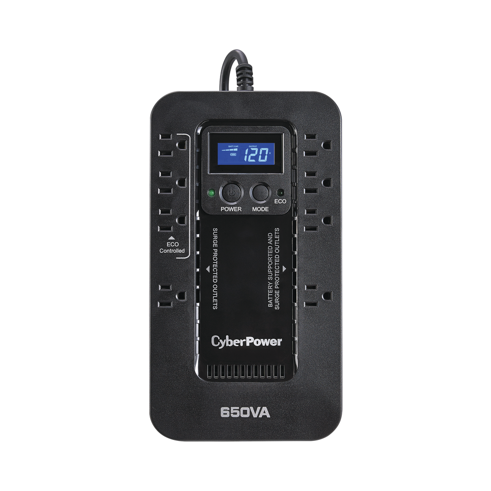 UPS de 650 VA/390 W, Topología Standby con Modo Ahorrador ECO, Entrada 120 Vca NEMA 5-15P, Con 8 Tomas NEMA 5-15R