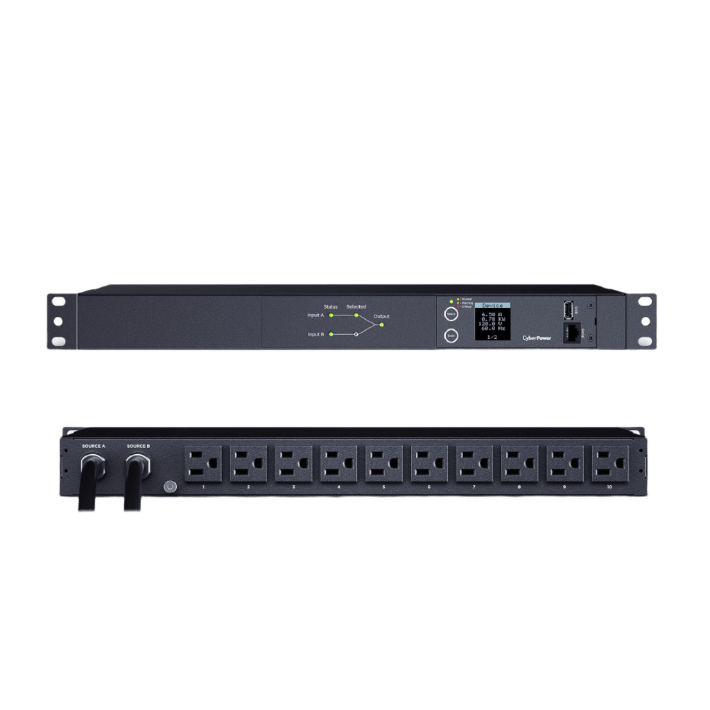 PDU ATS (Fuente Redundante Auto-transferible) Medible, Para Distribución de Energía, 2 Entradas 120 Vca NEMA5-15P, Con 10 Salidas NEMA 5-15R, Horizontal 19in, 1UR - Imagen 2